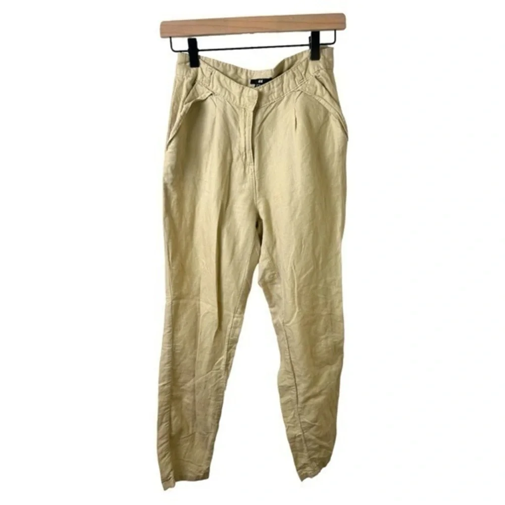 H&M Linen Blend Pants Size 2 Beige Tapered Lightweight Minimalist